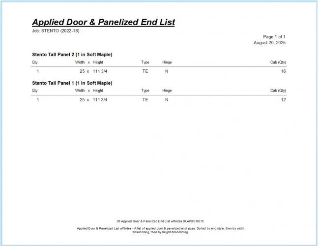 00 Applied Door & Panelized End List w/Notes DLAP05 NOTE