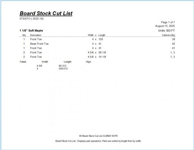 00 Board Stock Cut List CLBS05 NOTE