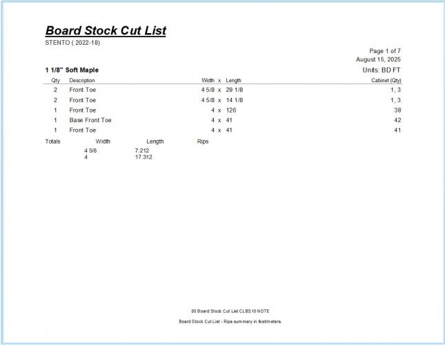 00 Board Stock Cut List CLBS10 NOTE
