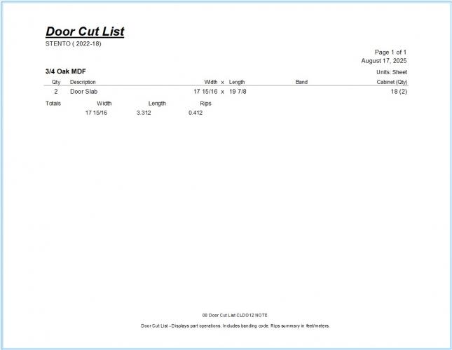 00 Door Cut List CLDO12 NOTE