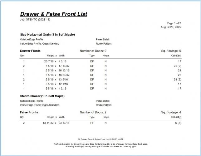 00 Drawer Front & False Front List DLFRP3 NOTE