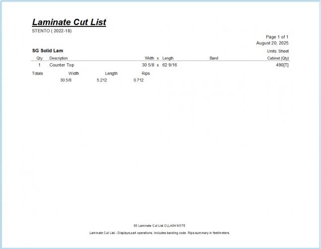 00 Laminate Cut List CLLA04 NOTE