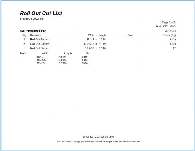 00 Roll Out Cut List CLRO11 NOTE